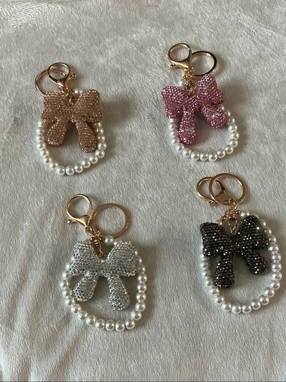 Pearl-Trim Bow Keychain Bag Charm - Pink, Gold, Silver, Black  (Pick One)